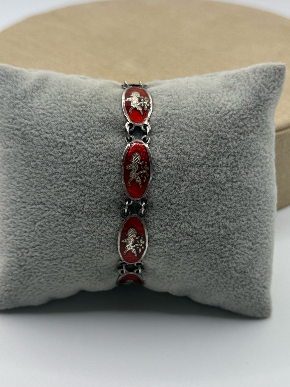 SIAM STERLING 925 NIELLO RED ENAMEL GODDESS DANCER THAI PRINCESS PANEL BRACELET